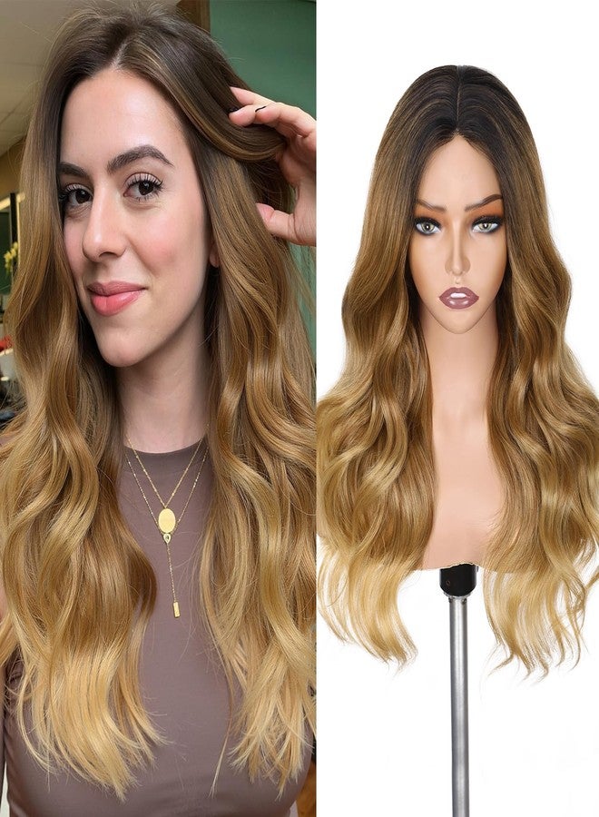 Lady Miranda Ombre Blonde Wavy Wig Middle Part Curly Wavy Wigs for Women Natural Looking Long Blonde Highlights Wigs Synthetic Wig Ombre Brown Natural Wavy Hair (1-Ombre Blonde Highlight 22) - Image 1